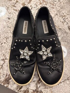 Steve Madden Black Slip-On Sneakers with Crystal Star Embellishments